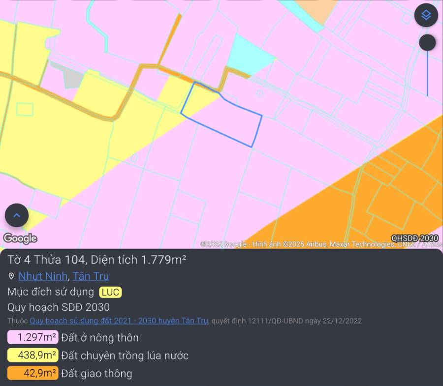 Bán gấp đất lúa xã Vàm Cỏ sát Quốc Lộ 50B giá 1,1 tỷ  - Xã Nhựt Ninh  -  Huyện Tân Trụ  - (ảnh - 1)