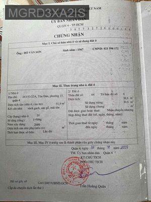 CHÍNH CHỦ, Nhà hẻm 243 Tôn Đản 52m2 - Phường 15  -  Quận 4 