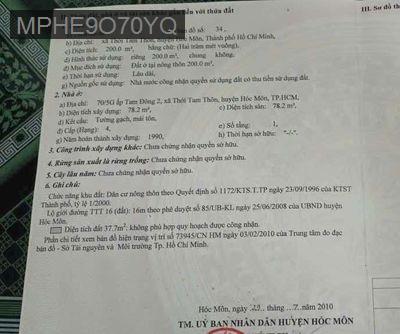 Nhà đất full thổ mặt tiền đường nhưa 10t - Xã Thới Tam Thôn  -  Huyện Hóc Môn 