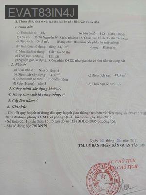 Bán nhà chính chủ, nhà 2 mặt hẻm ô tô, gần chợ, gần trường học - Phường 15  -  Quận Tân Bình 