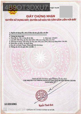 Chủ cần tiền bán lô đất ở 5x26=130m hẻm xe ba gác giá 1,95tỷ tl - Xã Tân Quý Tây  -  Huyện Bình Chánh 