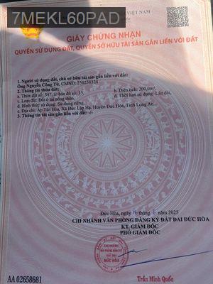 200m2  Nhà cấp 4, 2 phòng ngủ, Thổ cư chính chủ, đường Lục viên - Xã Đức Lập Hạ  -  Huyện Đức Hòa 