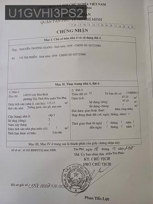 BÁN NHÀ GÓC 2 HẺM 8 M - 3,5M - 149/XX LŨY BÁN BÍCH - 87M2 - 11 TỶ - Phường Tân Thới Hoà  -  Quận Tân Phú 