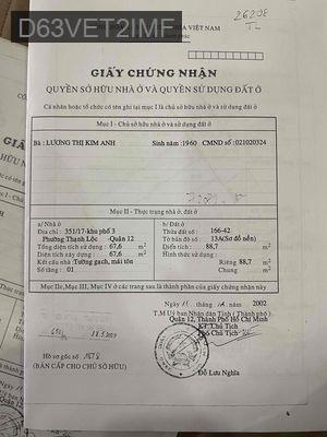 Bán Nhà Chính Chủ Hẻm 345 Hà Huy Giáp - Phường Thạnh Lộc  -  Quận 12 