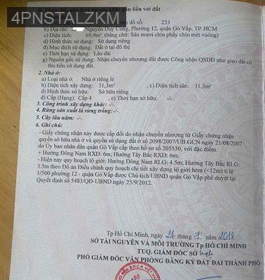 Nhả cấp 4 tính đất dt 4x18m 2 mặt tiền trước sau cn 69m2 - Phường 12  -  Quận Gò Vấp 