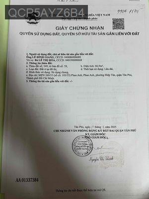 Bán đất - Phường Hiệp Tân  -  Quận Tân Phú  - 67m² - 7.2tỷ
