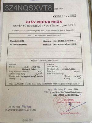 chính chu bán nha hẻm   231  Bình Tiên phuong 8 quân 6  - Phường 8  -  Quận 6 