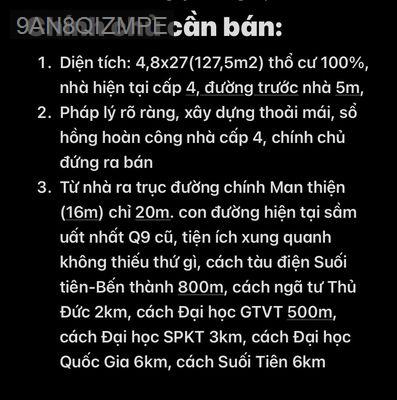Nhà cấp 4, sổ hổng hoàn công, đường 5m, cách đường chính 20m,l - Phường Hiệp Phú  -  Quận 9 