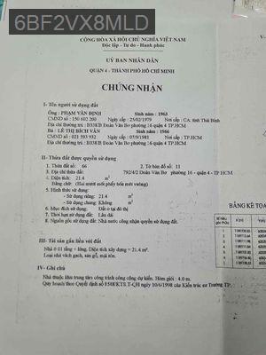 Cần tiền bán gấp - Phường 18  -  Quận 4 