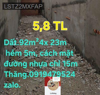 LÔ ĐẤT ĐƯỜNG LÊ TRỌNG TẤN 92M2 - 4X23m, HẺM 5M. 5,8 TỶ-  TL - Phường Bình Hưng Hòa  -  Quận Bình Tân 
