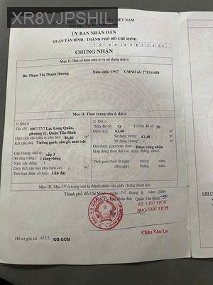 CẦN BÁN NHÀ CHÍNH CHỦ 1007/77/ LẠC LONG QUÂN, TÂN BÌNH - Phường 11  -  Quận Tân Bình 