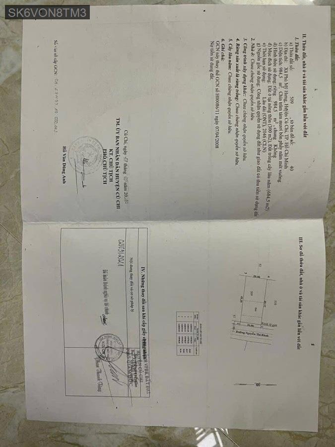Bán lô đất mặt tiền đường Nguyễn Thị Rành, diện tích 20x49. Đường xe container - Xã Phú Mỹ Hưng  -  Huyện Củ Chi  - (ảnh - 1)