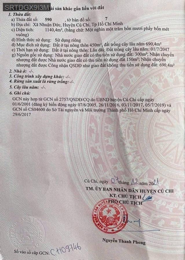 Bán đất 2 mặt tiền trước và sau, mặt tiền sau nút giao đường Vành 4, tổng diện tích 1140m. Giá 4tỷ8 - Xã Nhuận Đức  -  Huyện Củ Chi  - (ảnh - 2)