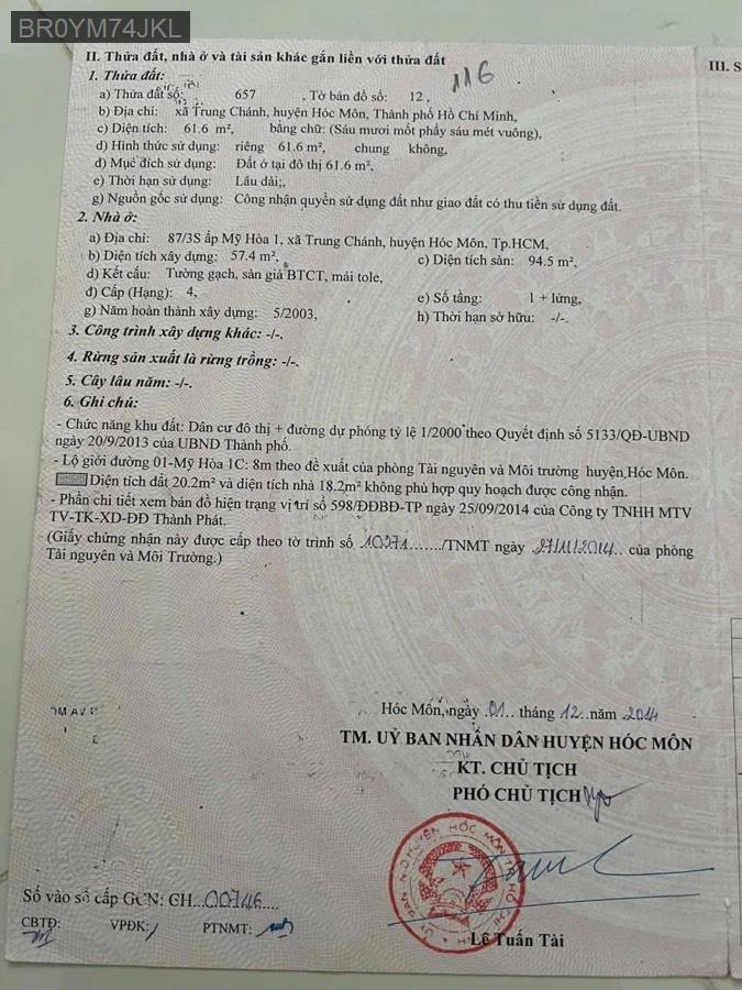 Bán nhà hẻm đường Giác Đạo, SHR 4x15 có 3 phòng ngủ, 2wc. Giá 3.6tỷ TL - Xã Trung Chánh  -  Huyện Hóc Môn  - (ảnh - 0)