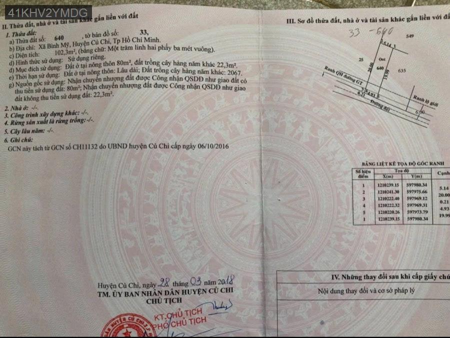 Bán đất lọt khe mặt tiền Đường 166, SHR 5x20. Hướng Tây Nam, đường xe hơi tới đất - Xã Bình Mỹ  -  Huyện Củ Chi  - (ảnh - 1)