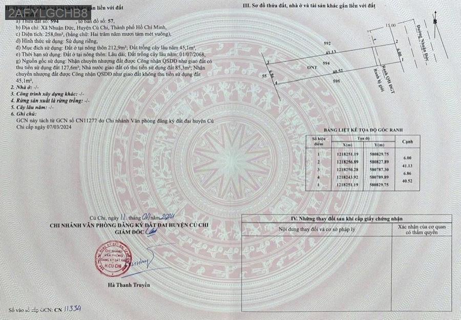 Bán lô đất mặt tiền đường Nhuận Đức, diện tích : 258 m², trong đó 213 m² là thổ cư-xây dựng được - Xã Nhuận Đức  -  Huyện Củ Chi  - (ảnh - 1)