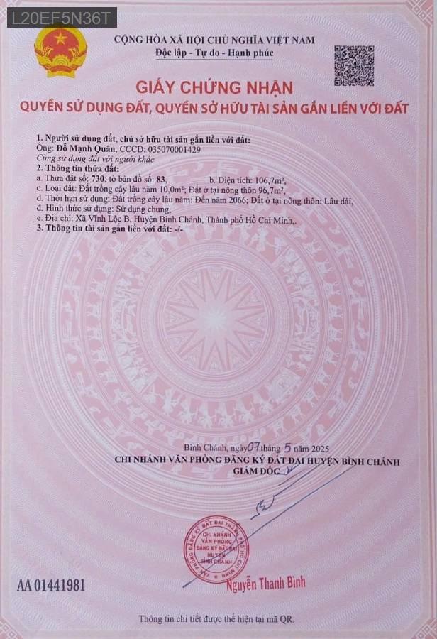 Bán đất sổ hồng riêng đường 6A - Xã Vĩnh Lộc B  -  Huyện Bình Chánh  - (ảnh - 1)