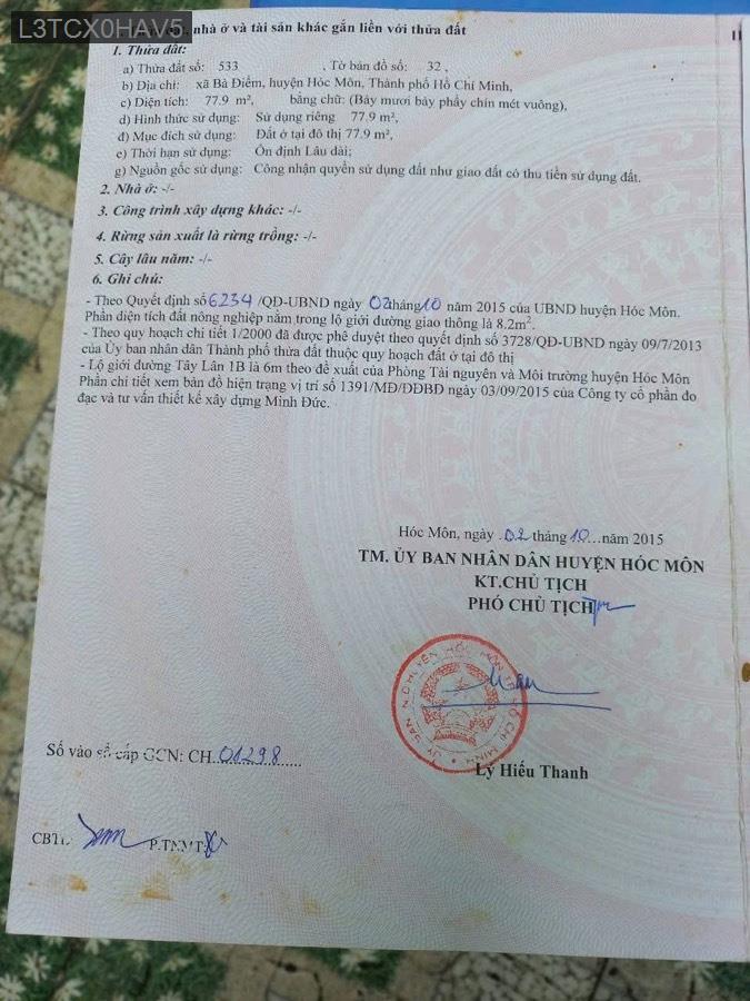 Bán lô đất Bà Điểm SHR 6x13. Hẻm xe ba gác, cách mặt tiền Nguyễn Ảnh Thủ chỉ 200m - Xã Bà Điểm  -  Huyện Hóc Môn  - (ảnh - 3)