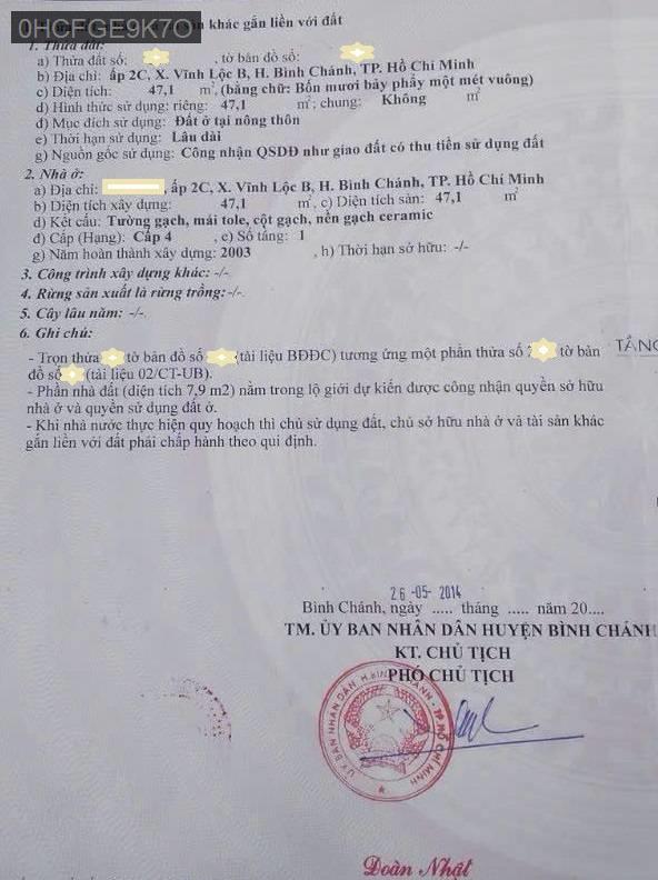 Bán nhà SHR Cây Cám kế Bình Tân - Xã Vĩnh Lộc B  -  Huyện Bình Chánh  - (ảnh - 0)