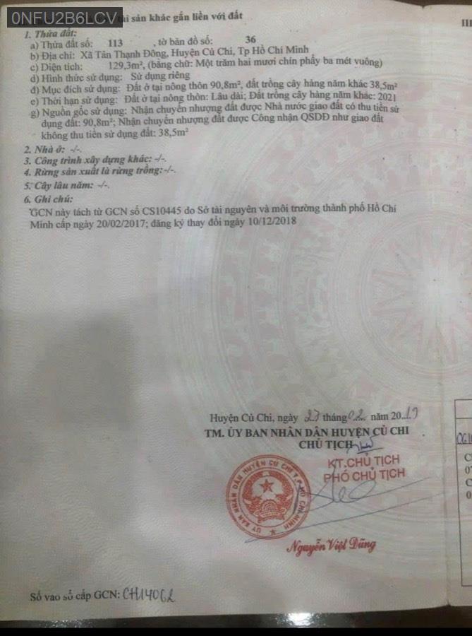 Bán lô đất mặt tiền đường Đặng Thị Thưa, gần chợ chiều. Diện tích 5x26 thổ cư 94m - Xã Tân Thạnh Đông  -  Huyện Củ Chi  - (ảnh - 1)