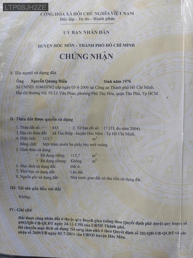 Bán nhà cấp 4 mặt tiền nhựa Huỳnh Thị Mài gần trường học Đỗ Văn Dậy cách 300m. Giá 3tỷ490triệu - Xã Tân Hiệp  -  Huyện Hóc Môn  - (ảnh - 0)