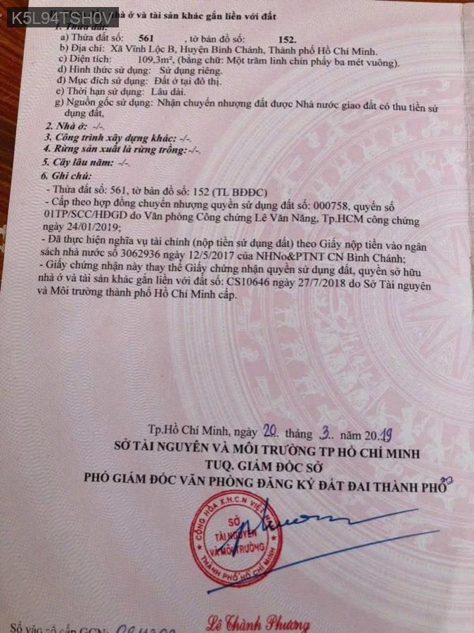 Bán đất Sổ Hồng Riêng đường Cây Cám giáp Bình Tân, diện tích 8x14 full thổ cư. Giá 4.2tỷ TL - Xã Vĩnh Lộc B  -  Huyện Bình Chánh  - (ảnh - 0)