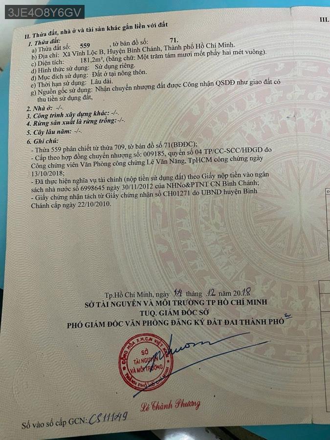 Bán đất đường Vĩnh Lộc diện tích 6x30 nở hậu 6.6m full thổ cư. Giá 8.8tỷ TL - Xã Vĩnh Lộc B  -  Huyện Bình Chánh  - (ảnh - 0)