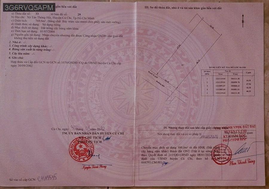 Bán lô đất vườn cách QL22 tầm 100m, gần trường học - uỷ ban. Diện tích 16x48, tổng 769m² - Xã Tân Thông Hội  -  Huyện Củ Chi  - (ảnh - 0)